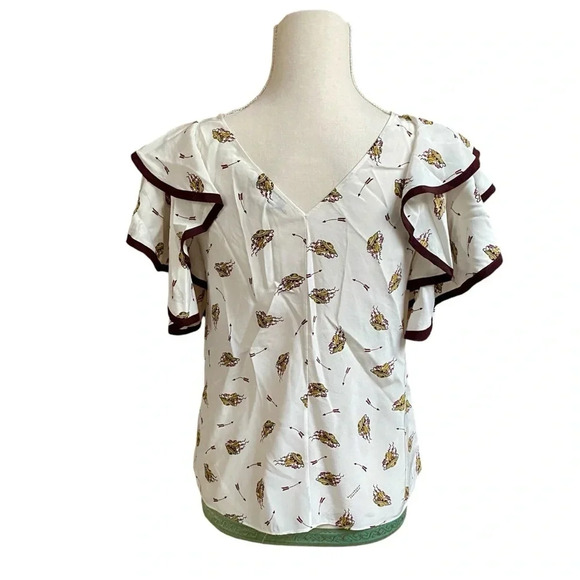 Dorothee Schumacher Silk Flutter Sleeve Blouse Cream Burgundy Trim Size 1 XS - Picture 8 of 14